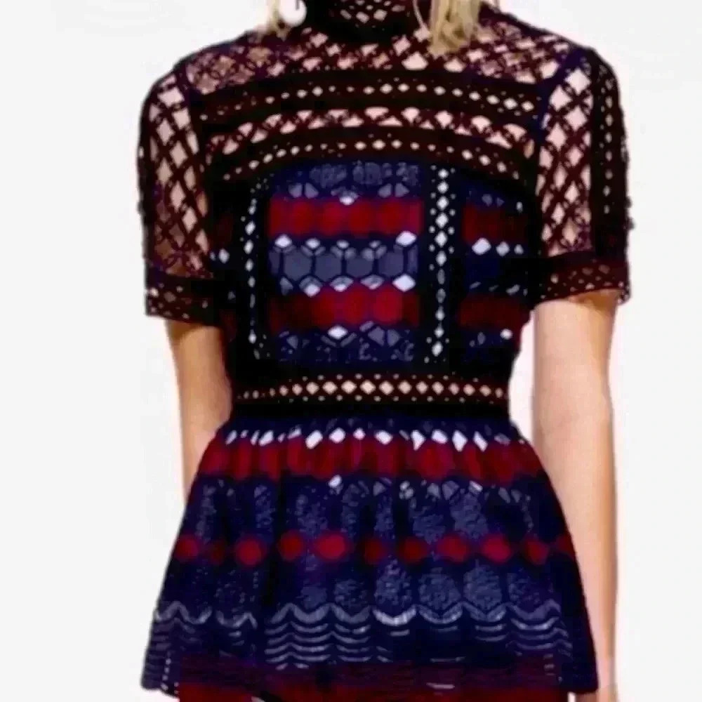 Self-Portrait Navy and Red Lace Peplum Blouse